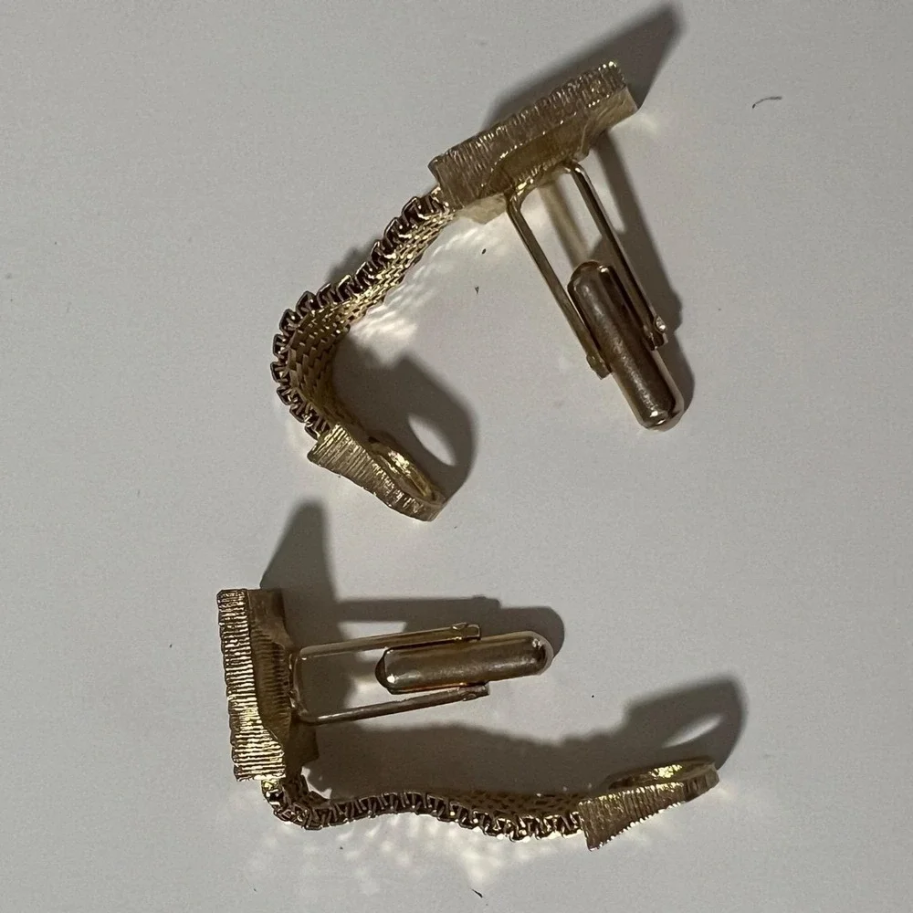 VTG Swank Gold‎ Tone Cufflinks pair of green rectangular stones mesh wrap bullet